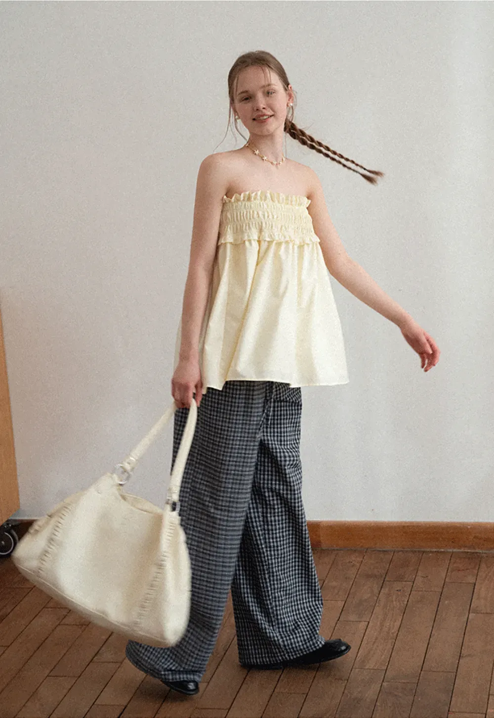 Checkered wide leg skirt with pleated waistband