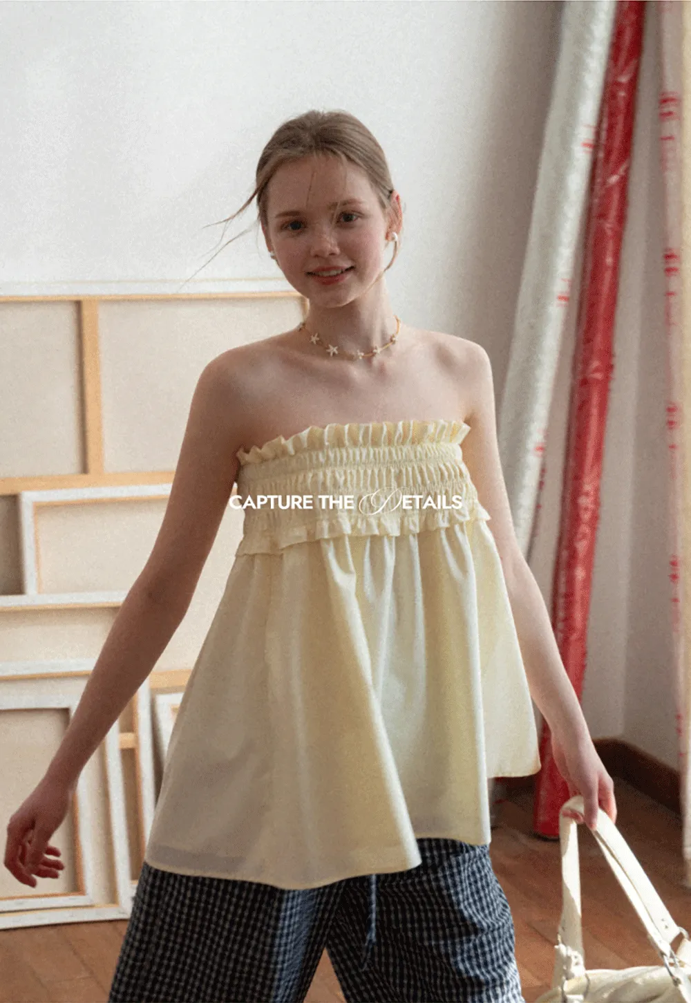 Checkered wide leg skirt with pleated waistband