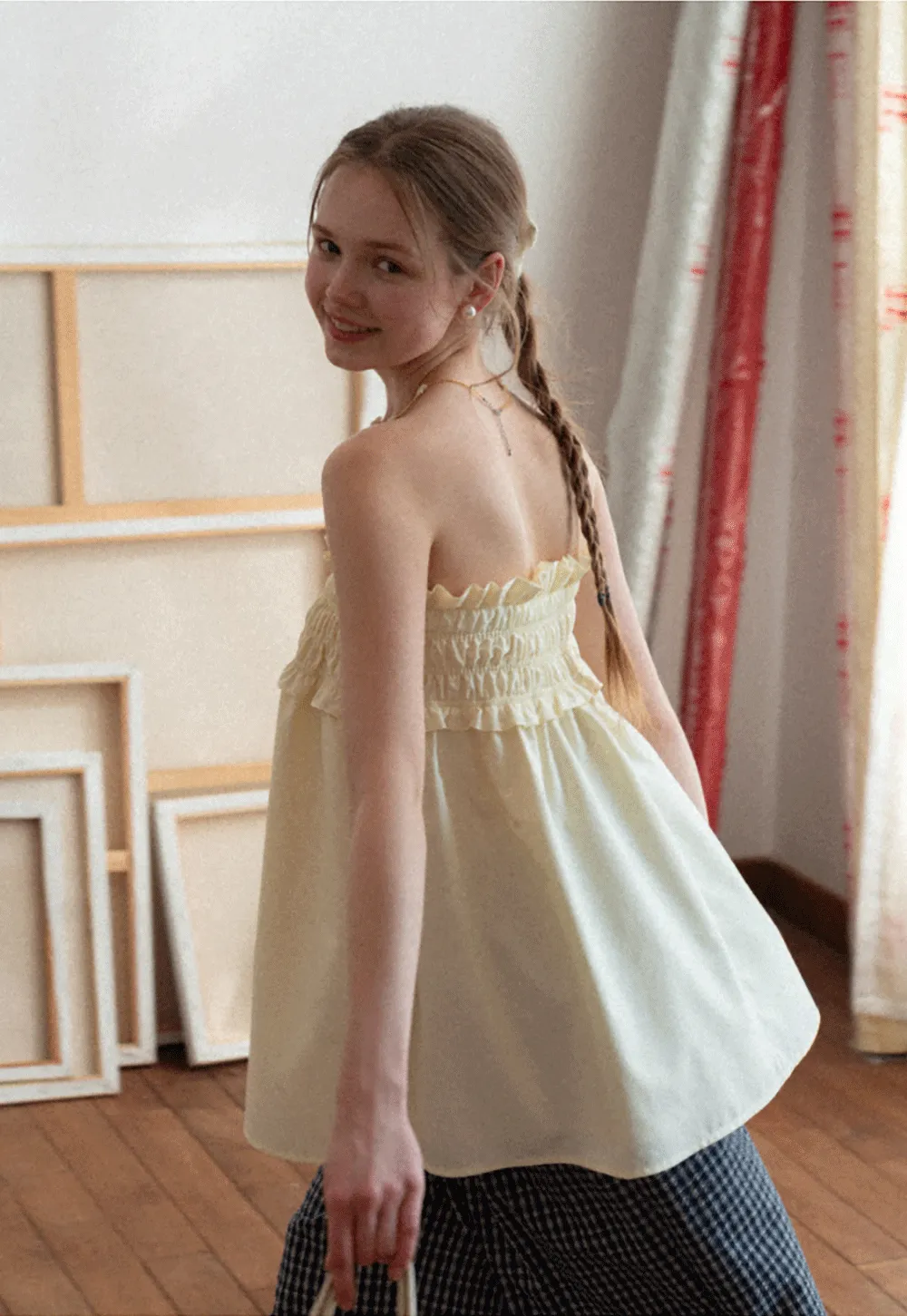 Checkered wide leg skirt with pleated waistband