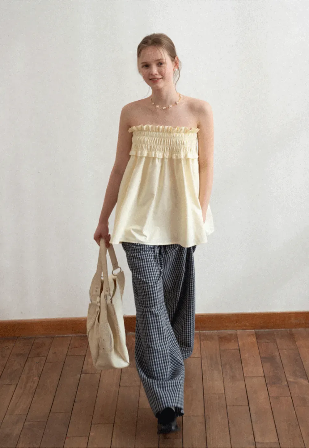 Checkered wide leg skirt with pleated waistband