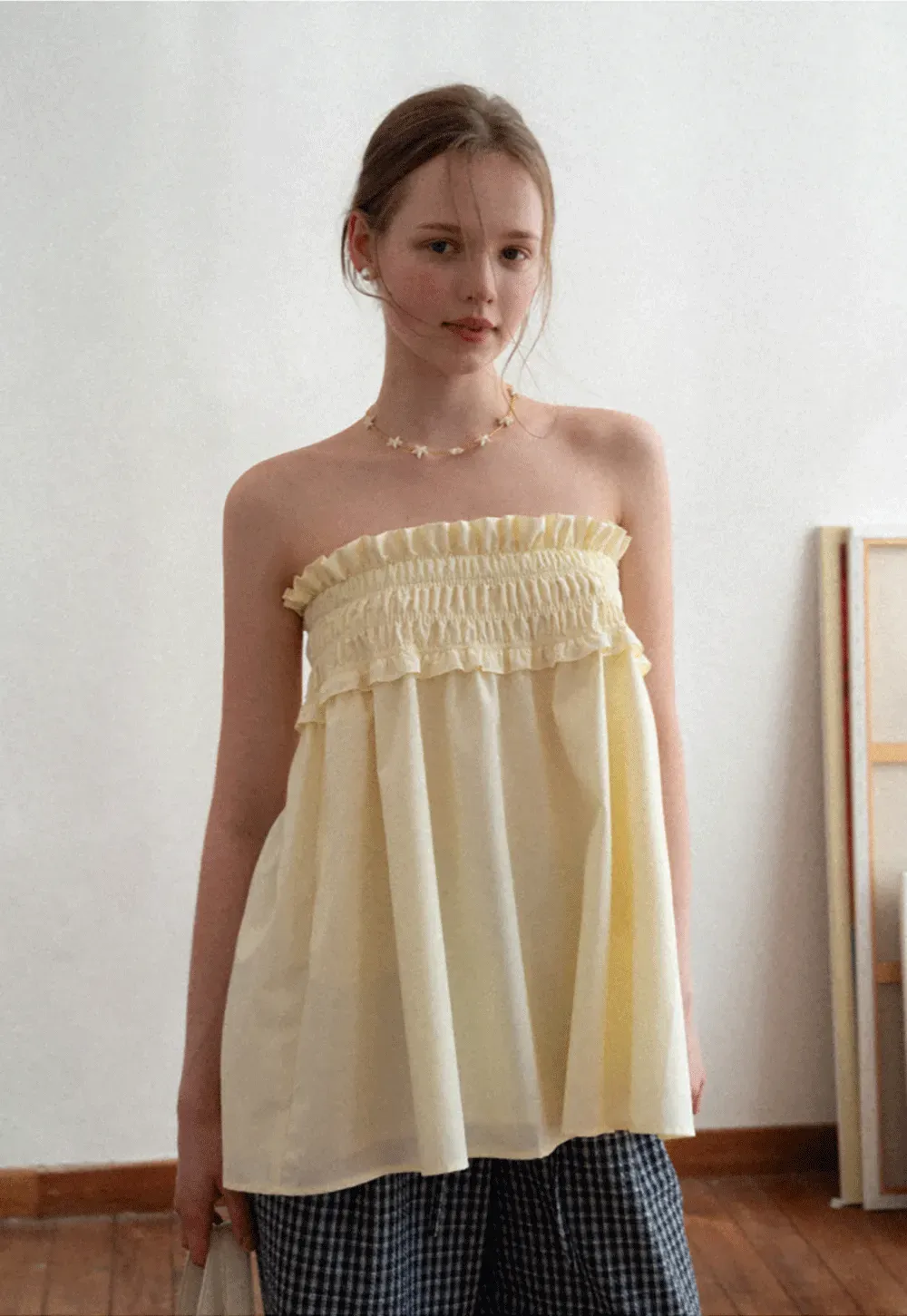 Checkered wide leg skirt with pleated waistband