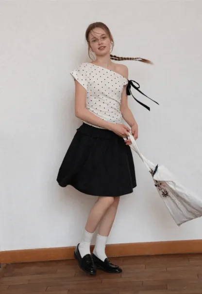 Checkered wide leg skirt with pleated waistband