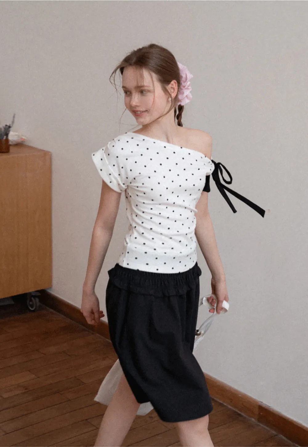 Checkered wide leg skirt with pleated waistband