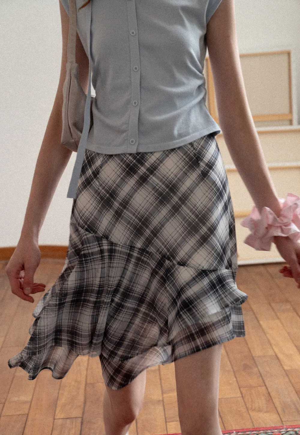 Plaid Skirt with Ruffled Hem and Asymmetrical Design