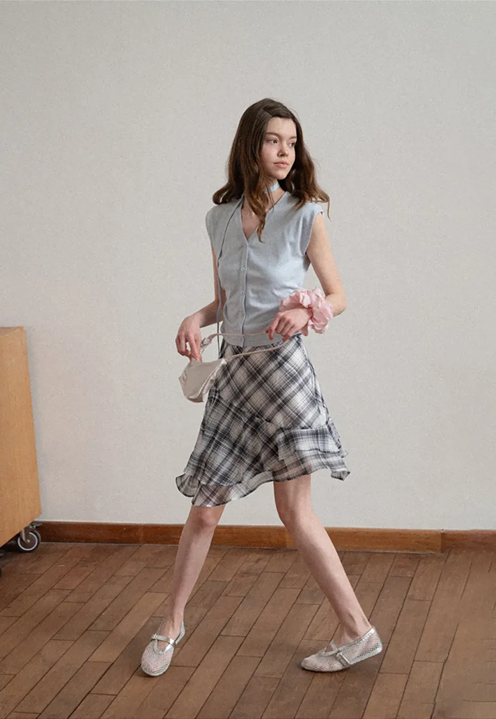 Plaid Skirt with Ruffled Hem and Asymmetrical Design