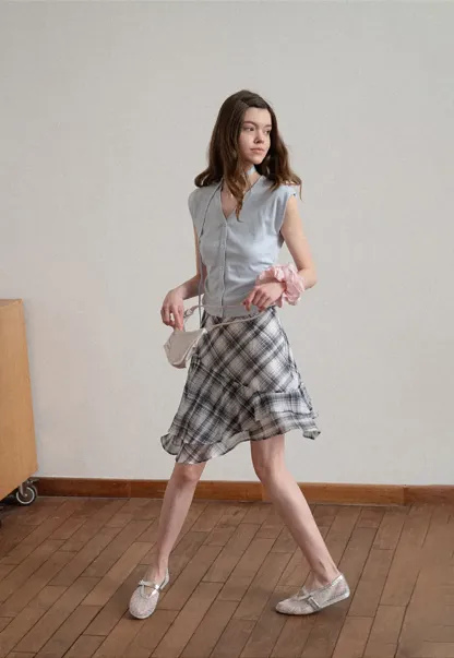 Plaid Skirt with Ruffled Hem and Asymmetrical Design