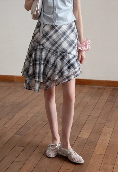 Plaid Skirt with Ruffled Hem and Asymmetrical Design