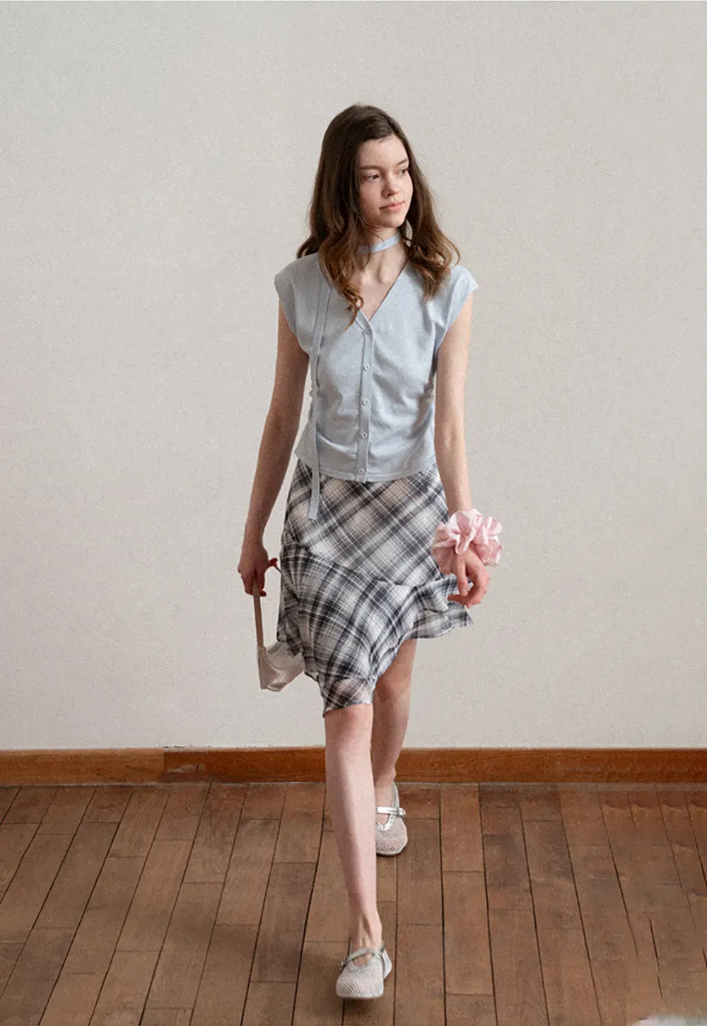Plaid Skirt with Ruffled Hem and Asymmetrical Design
