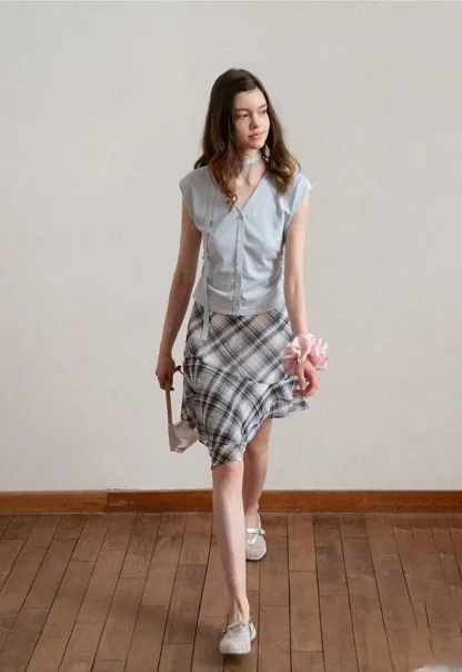 Plaid Skirt with Ruffled Hem and Asymmetrical Design