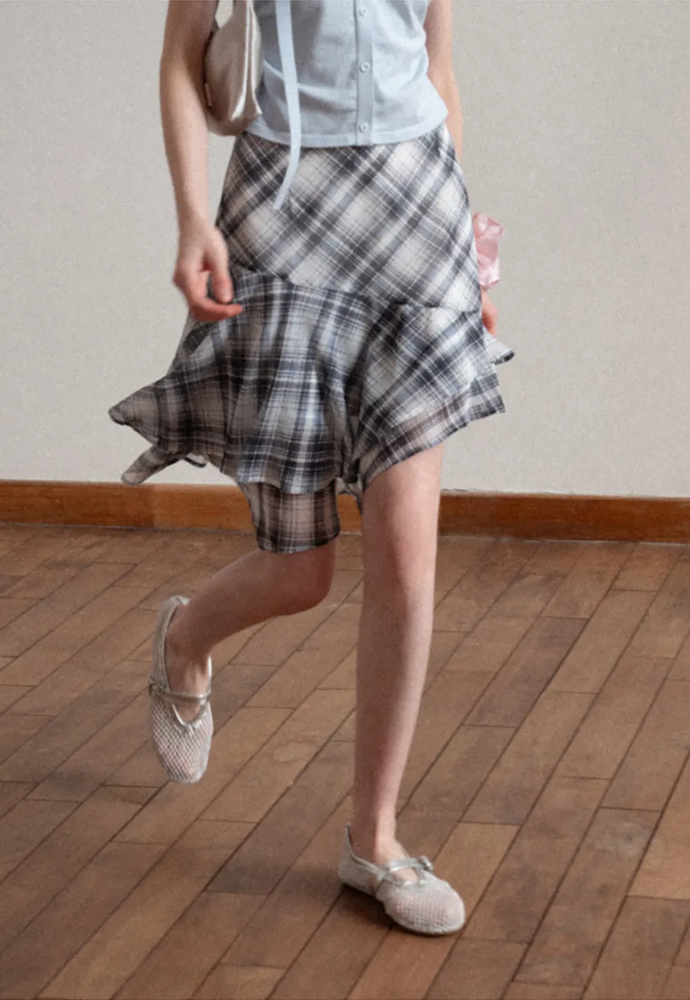 Plaid Skirt with Ruffled Hem and Asymmetrical Design
