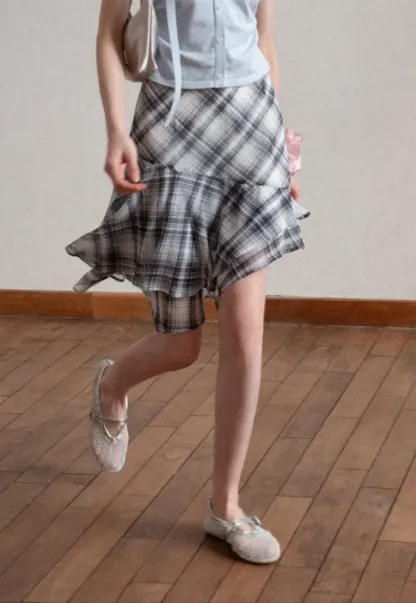 Plaid Skirt with Ruffled Hem and Asymmetrical Design