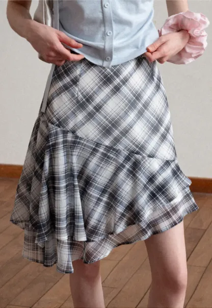 Plaid Skirt with Ruffled Hem and Asymmetrical Design