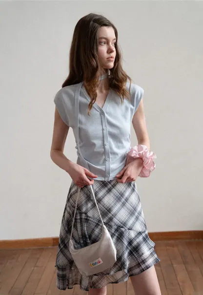 Plaid Skirt with Ruffled Hem and Asymmetrical Design