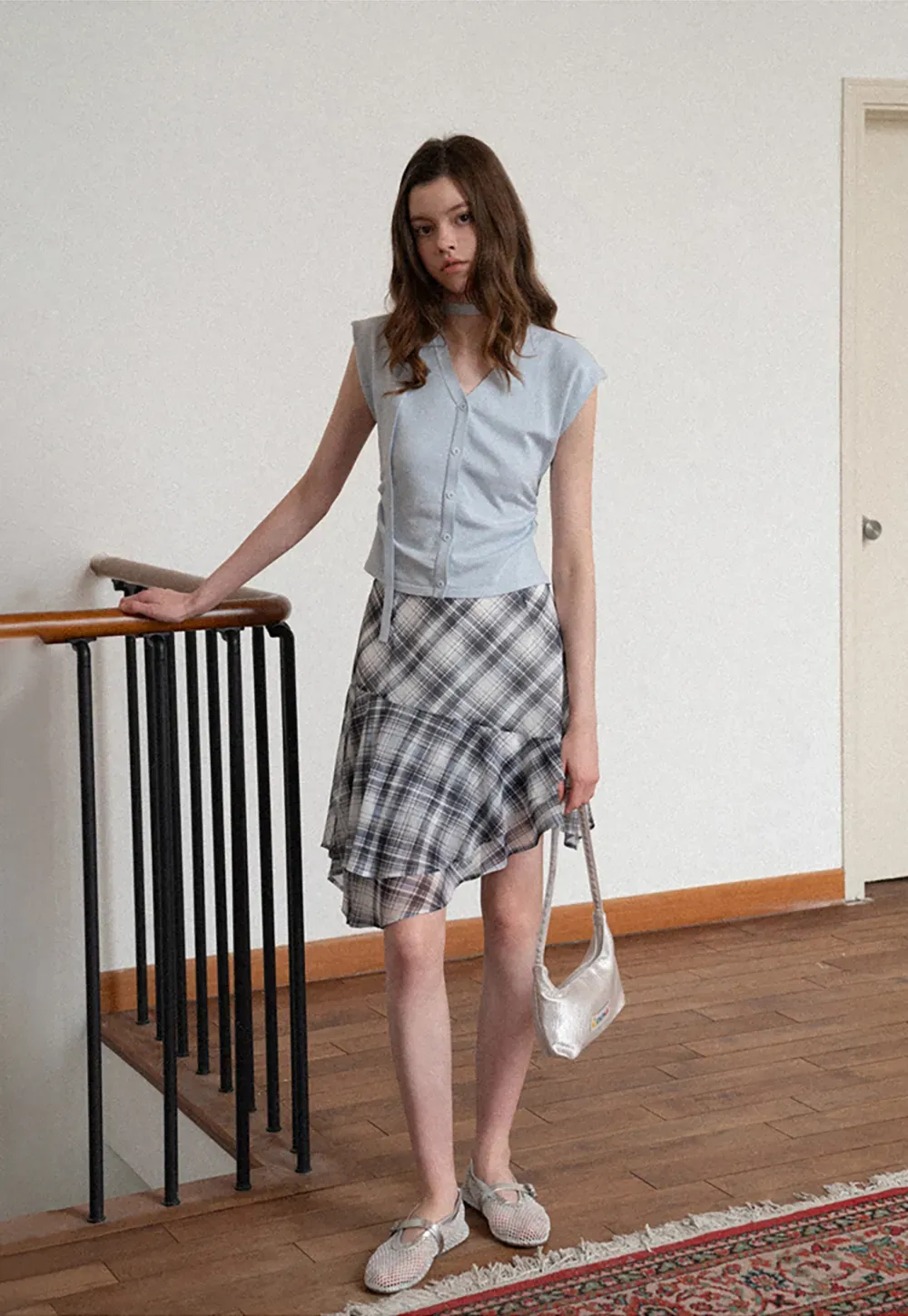 Plaid Skirt with Ruffled Hem and Asymmetrical Design