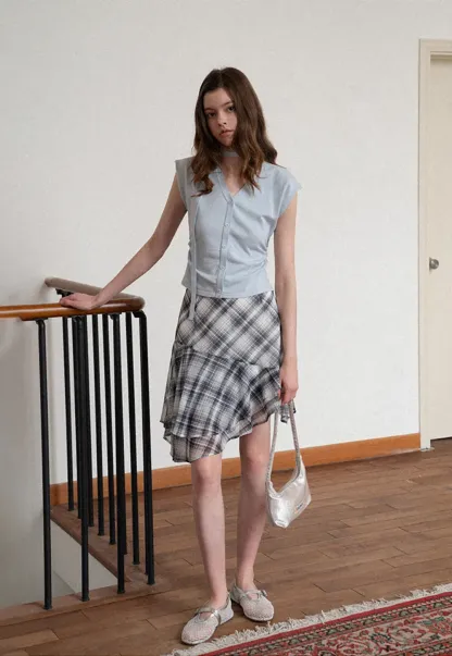 Plaid Skirt with Ruffled Hem and Asymmetrical Design