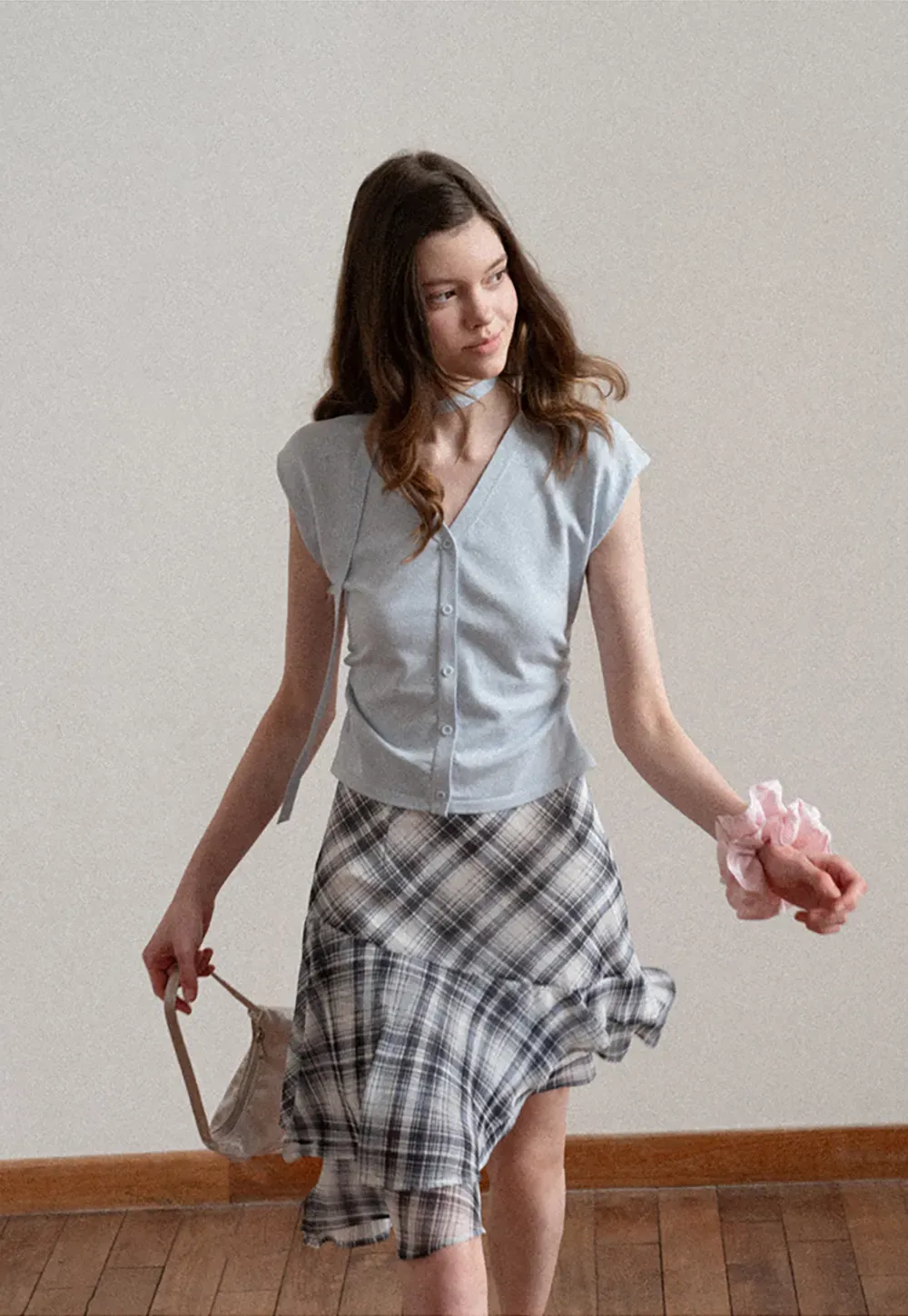 Plaid Skirt with Ruffled Hem and Asymmetrical Design