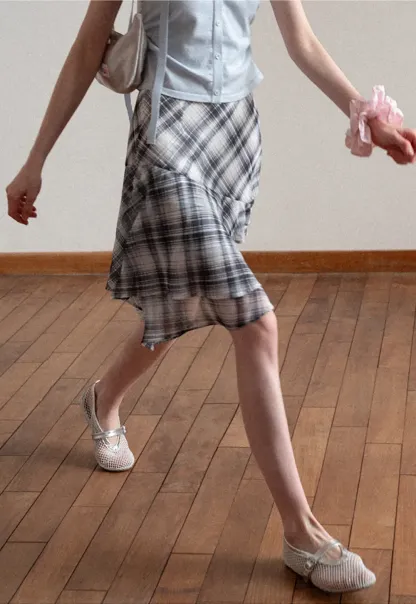 Plaid Skirt with Ruffled Hem and Asymmetrical Design