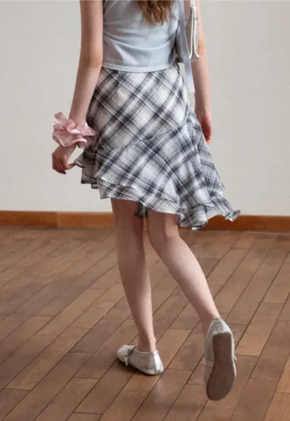 Plaid Skirt with Ruffled Hem and Asymmetrical Design