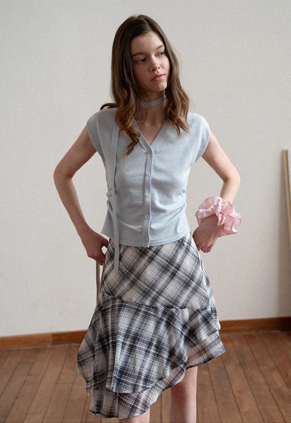 Plaid Skirt with Ruffled Hem and Asymmetrical Design
