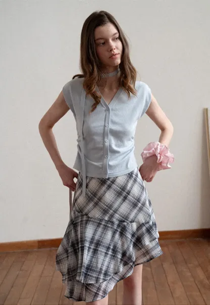 Plaid Skirt with Ruffled Hem and Asymmetrical Design