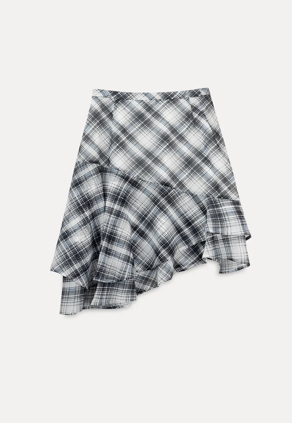 Plaid Skirt with Ruffled Hem and Asymmetrical Design