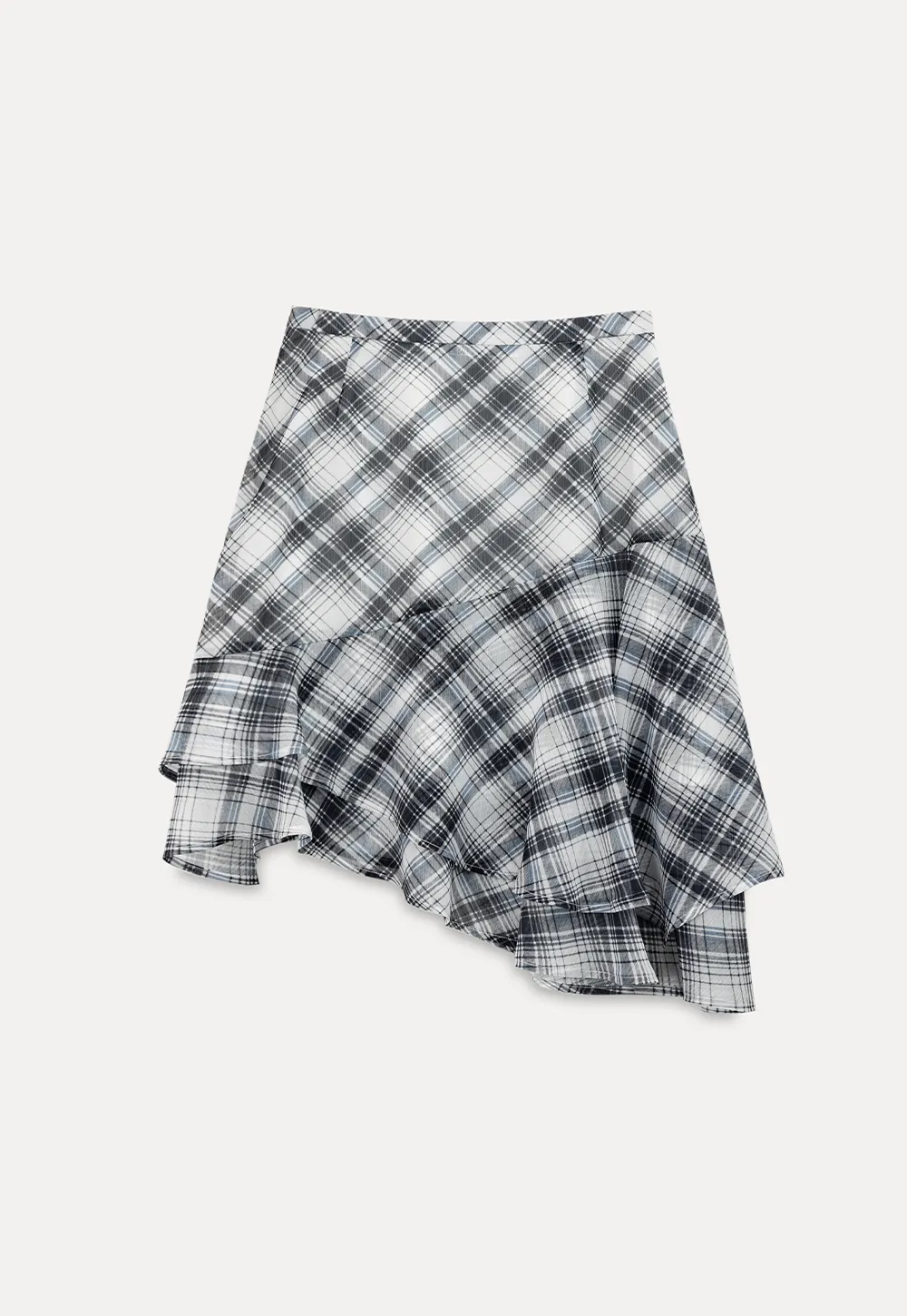 Plaid Skirt with Ruffled Hem and Asymmetrical Design