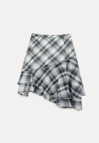 Plaid Skirt with Ruffled Hem and Asymmetrical Design
