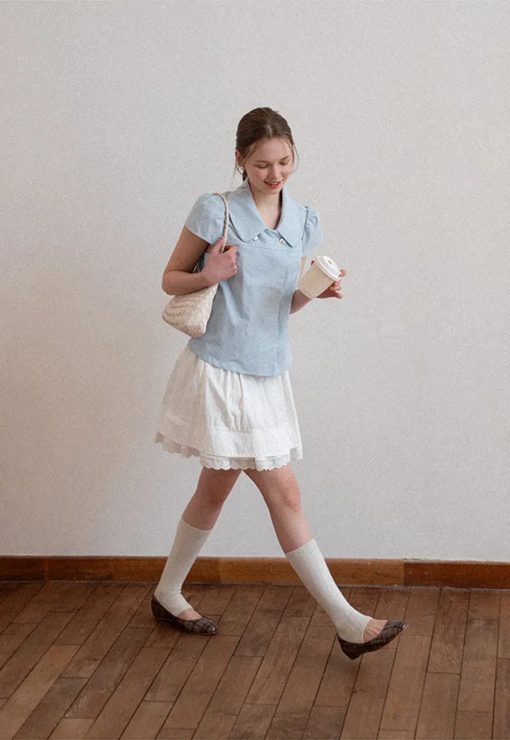 Tiered skirt with lace trim and gathered waist