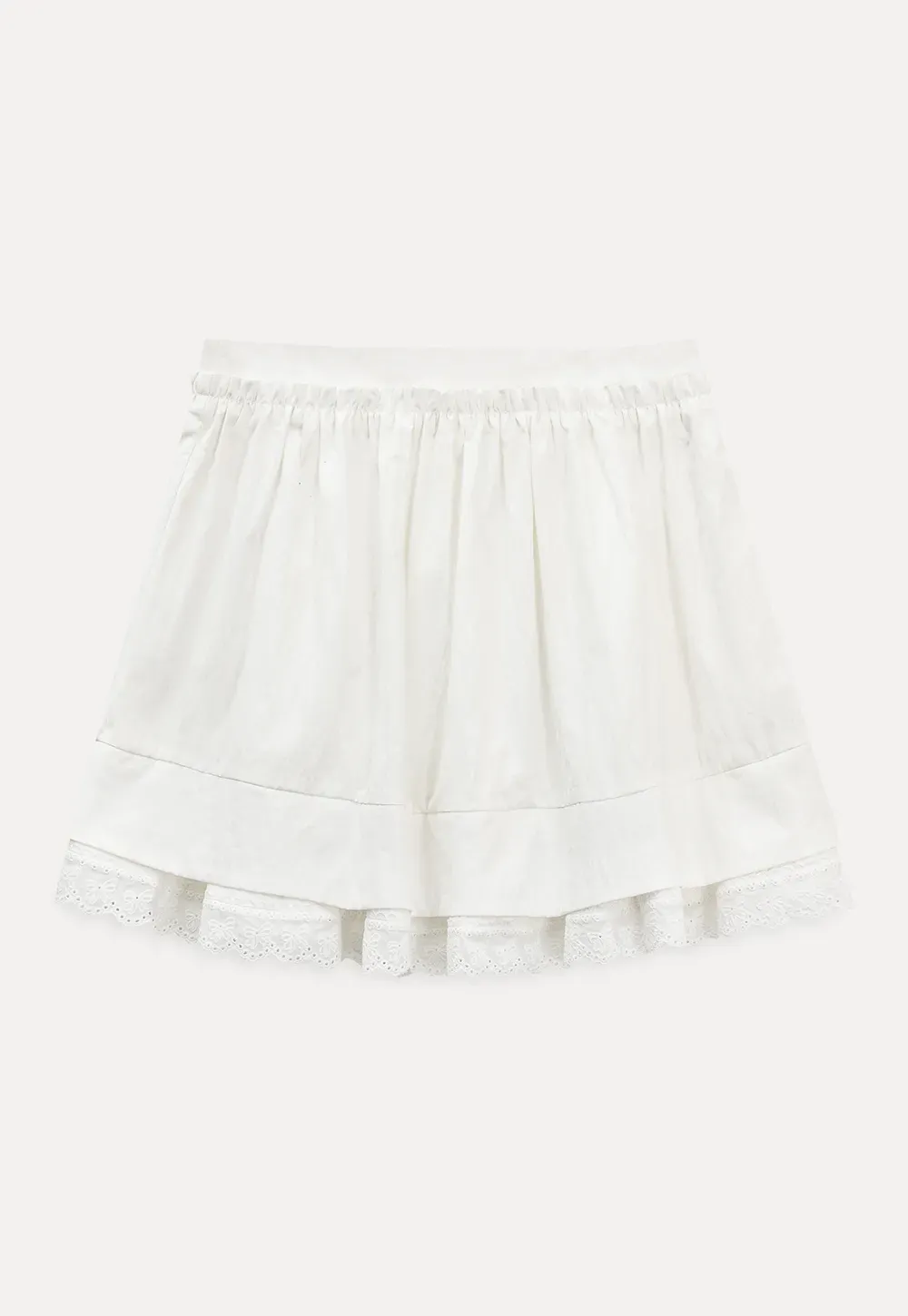 Tiered skirt with lace trim and gathered waist