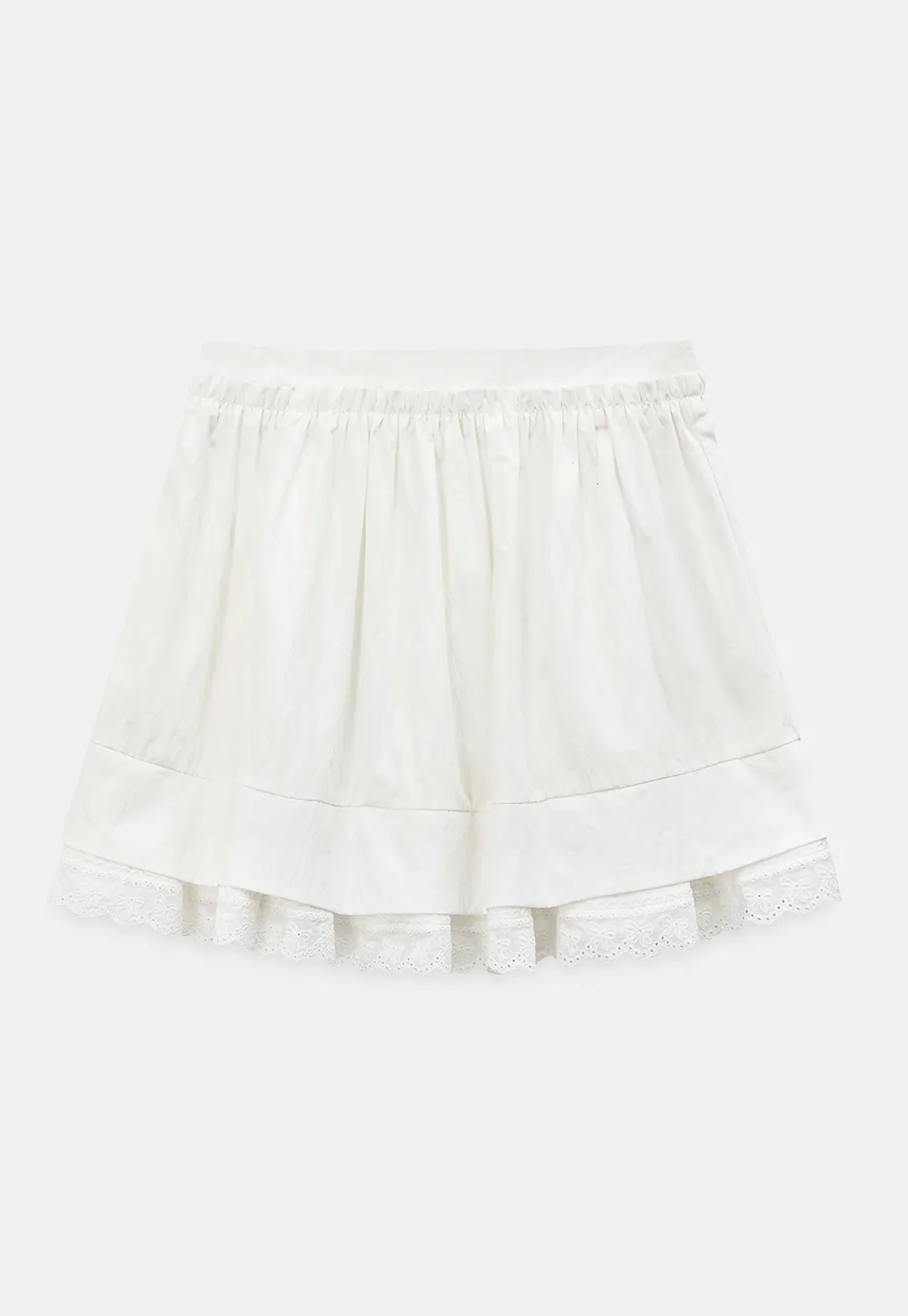 Tiered skirt with lace trim and gathered waist