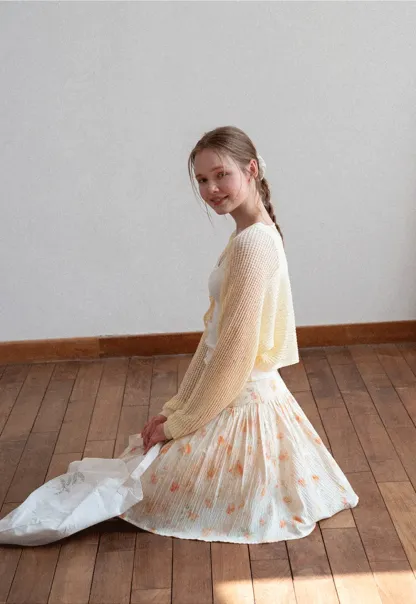 Floral Print Pleated Skirt with Asymmetrical Hem