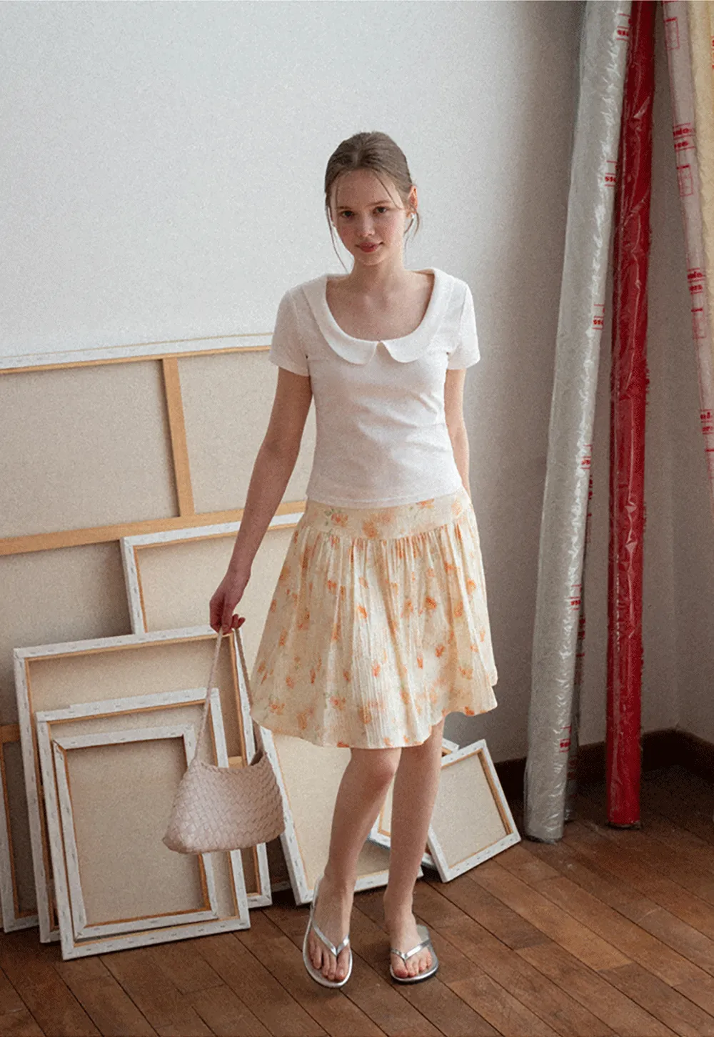 Floral Print Pleated Skirt with Asymmetrical Hem