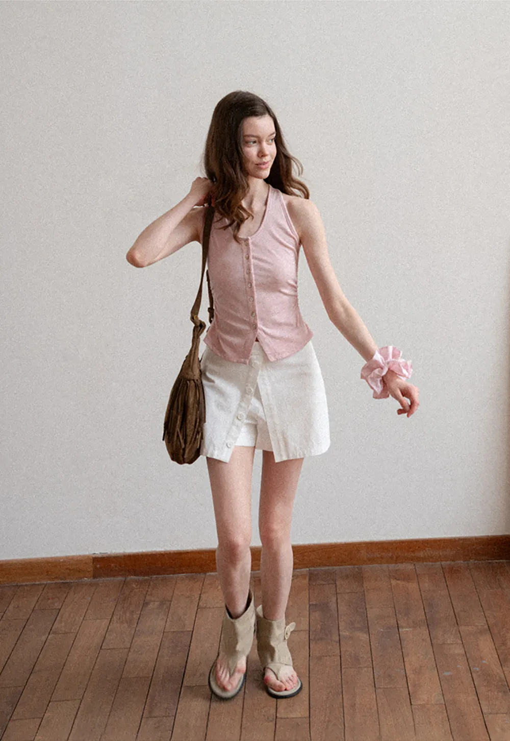 Button Front Mini Skirt with Asymmetrical Hem