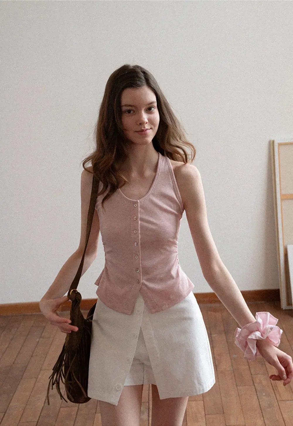 Button Front Mini Skirt with Asymmetrical Hem