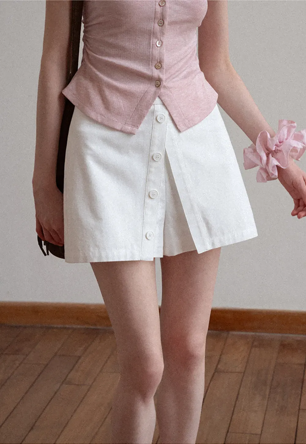 Button Front Mini Skirt with Asymmetrical Hem