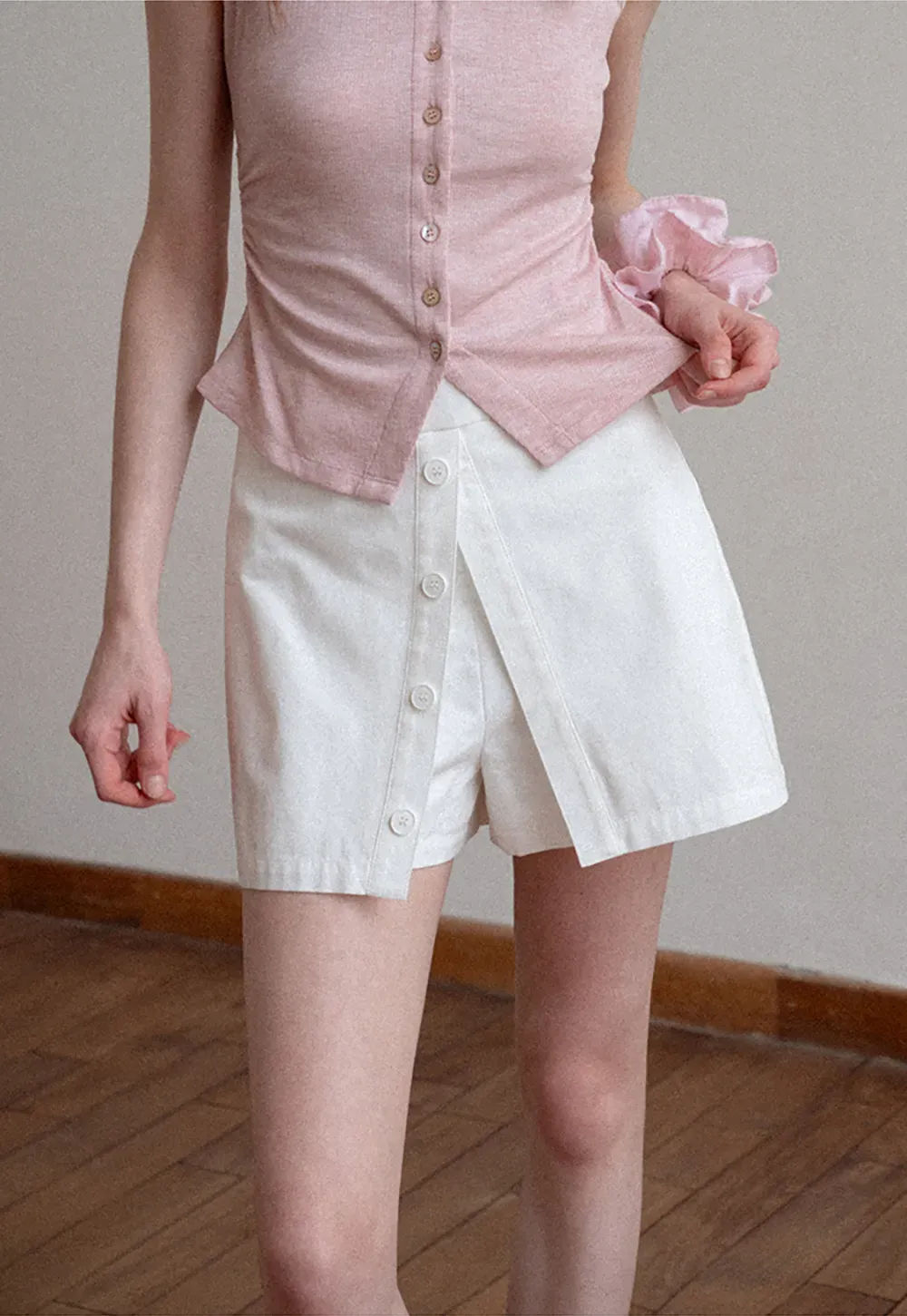 Button Front Mini Skirt with Asymmetrical Hem