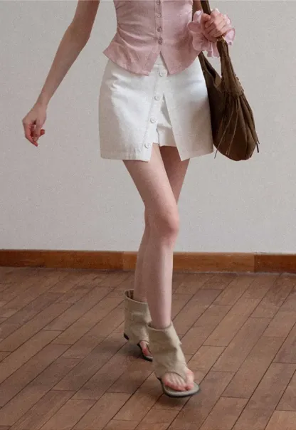 Button Front Mini Skirt with Asymmetrical Hem
