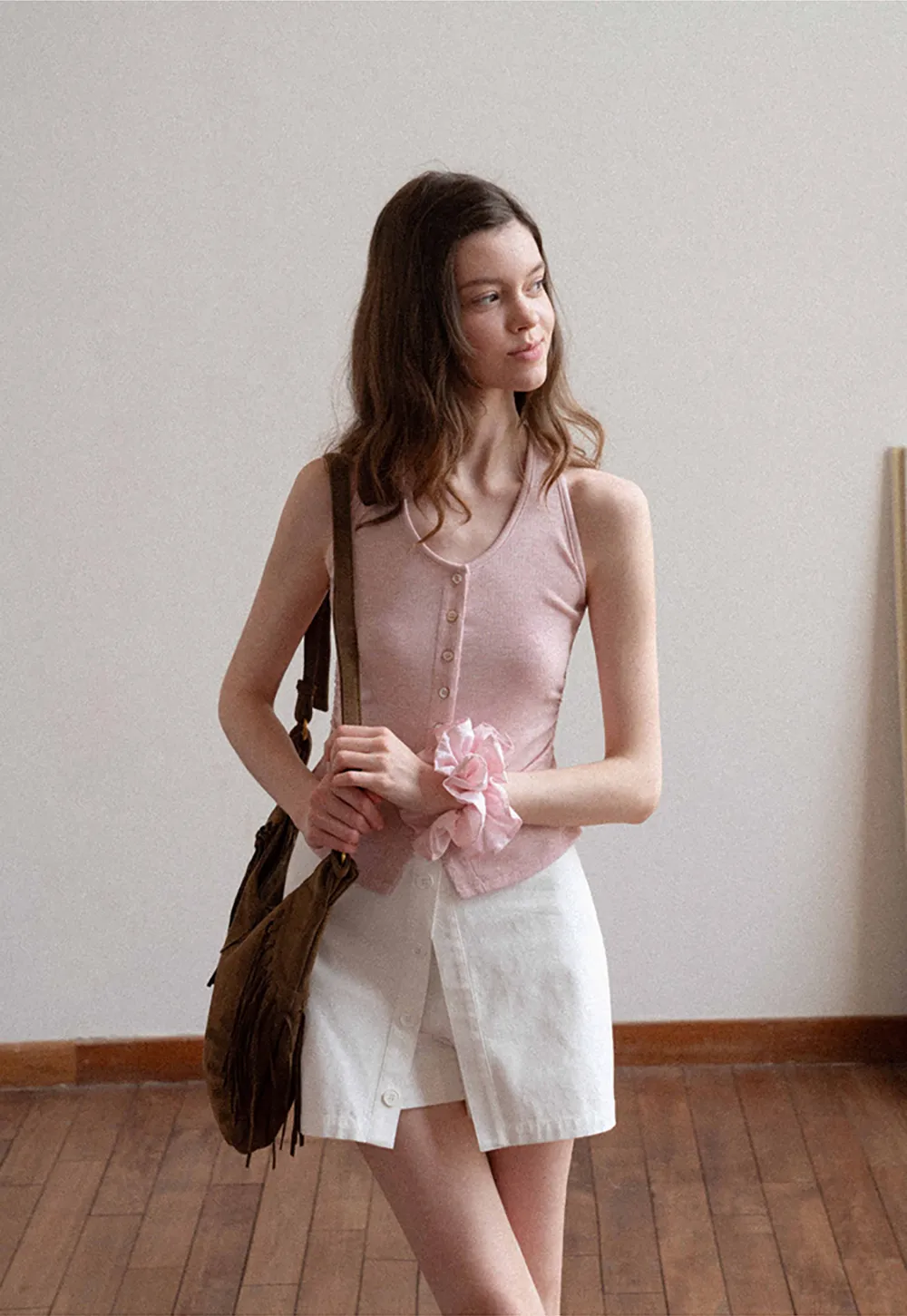 Button Front Mini Skirt with Asymmetrical Hem