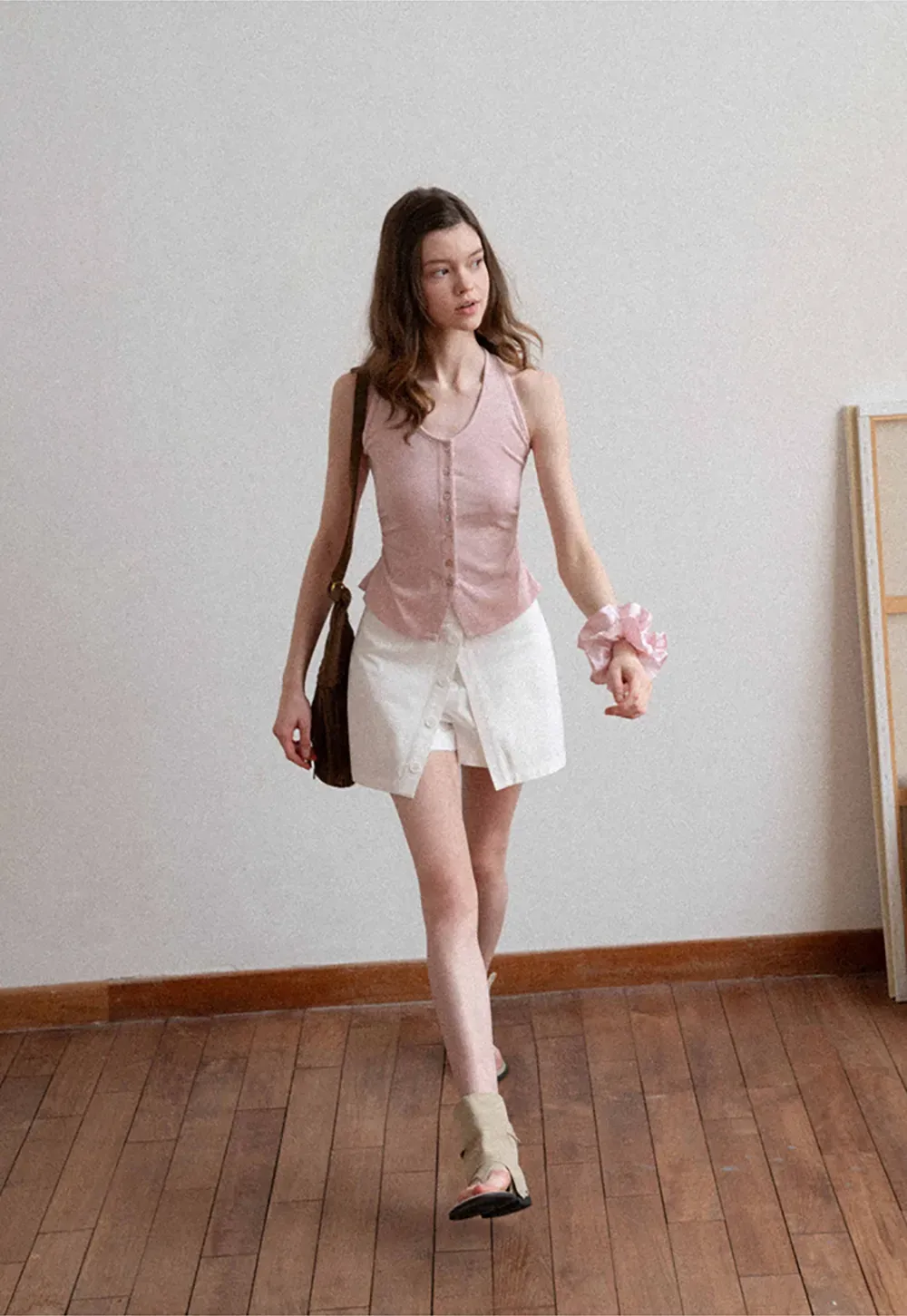 Button Front Mini Skirt with Asymmetrical Hem