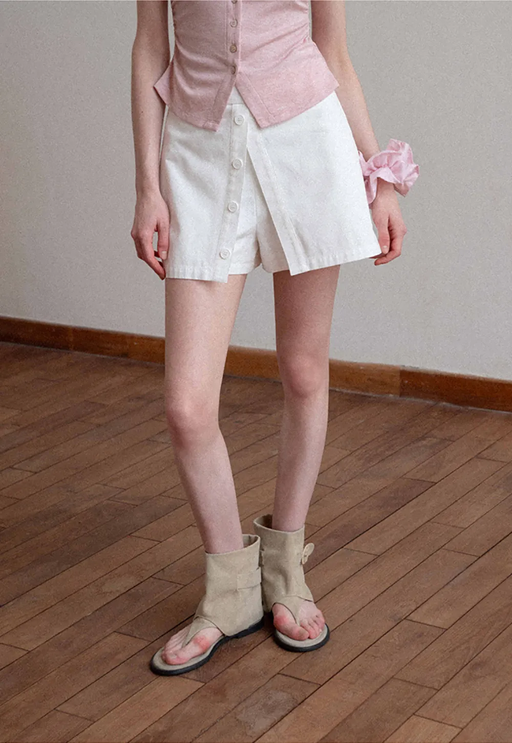 Button Front Mini Skirt with Asymmetrical Hem