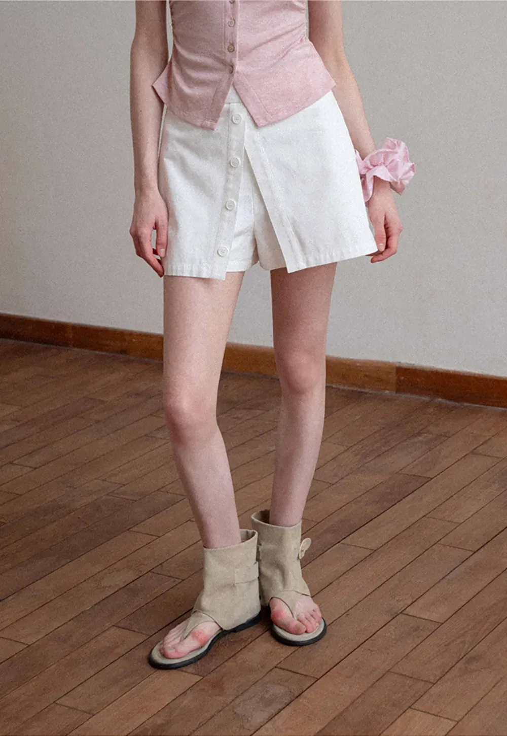 Button Front Mini Skirt with Asymmetrical Hem