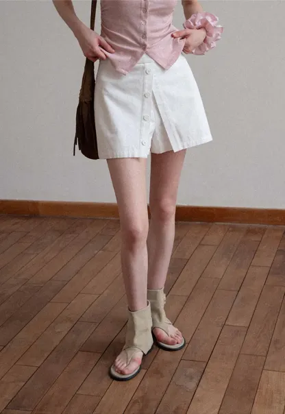 Button Front Mini Skirt with Asymmetrical Hem