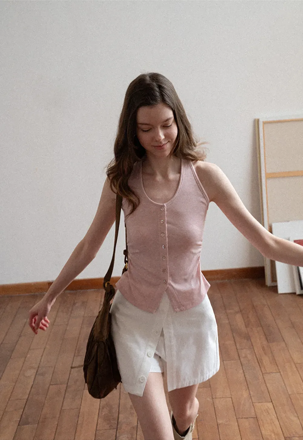 Button Front Mini Skirt with Asymmetrical Hem