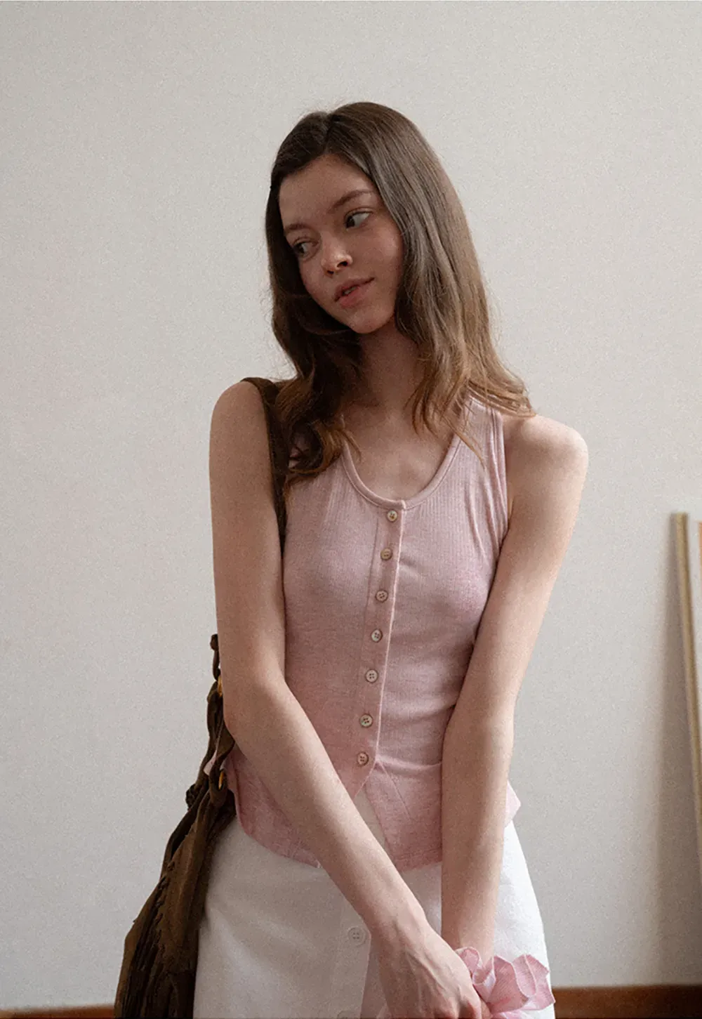 Button Front Mini Skirt with Asymmetrical Hem