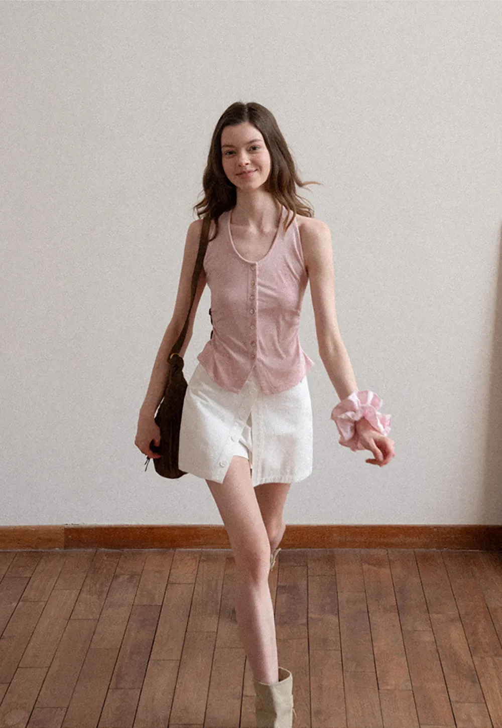 Button Front Mini Skirt with Asymmetrical Hem