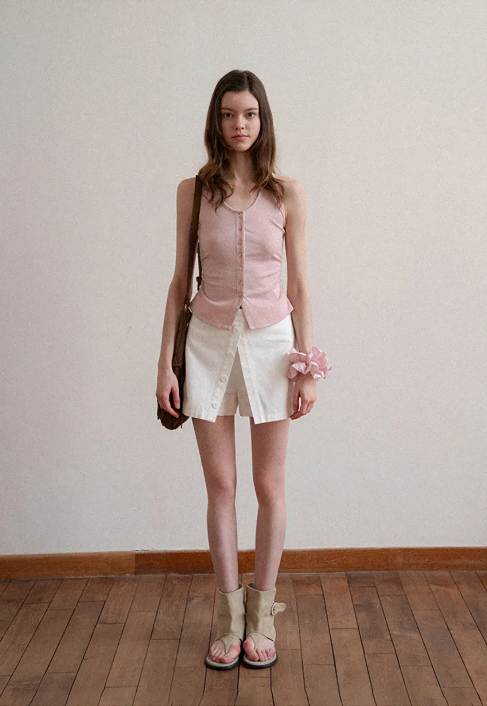 Button Front Mini Skirt with Asymmetrical Hem