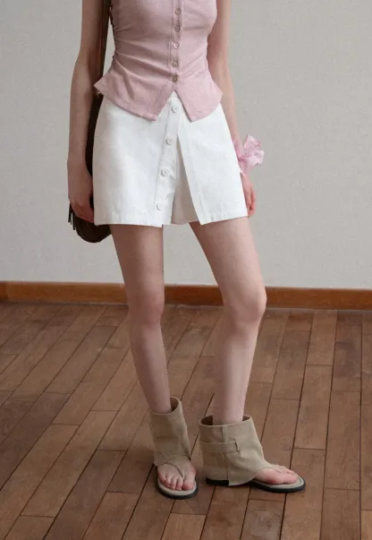 Button Front Mini Skirt with Asymmetrical Hem