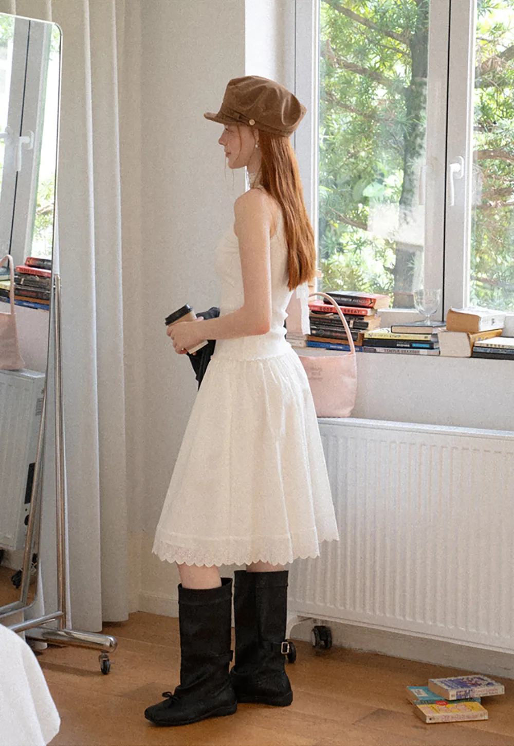 Pleated Skirt with Eyelet Lace Hem
