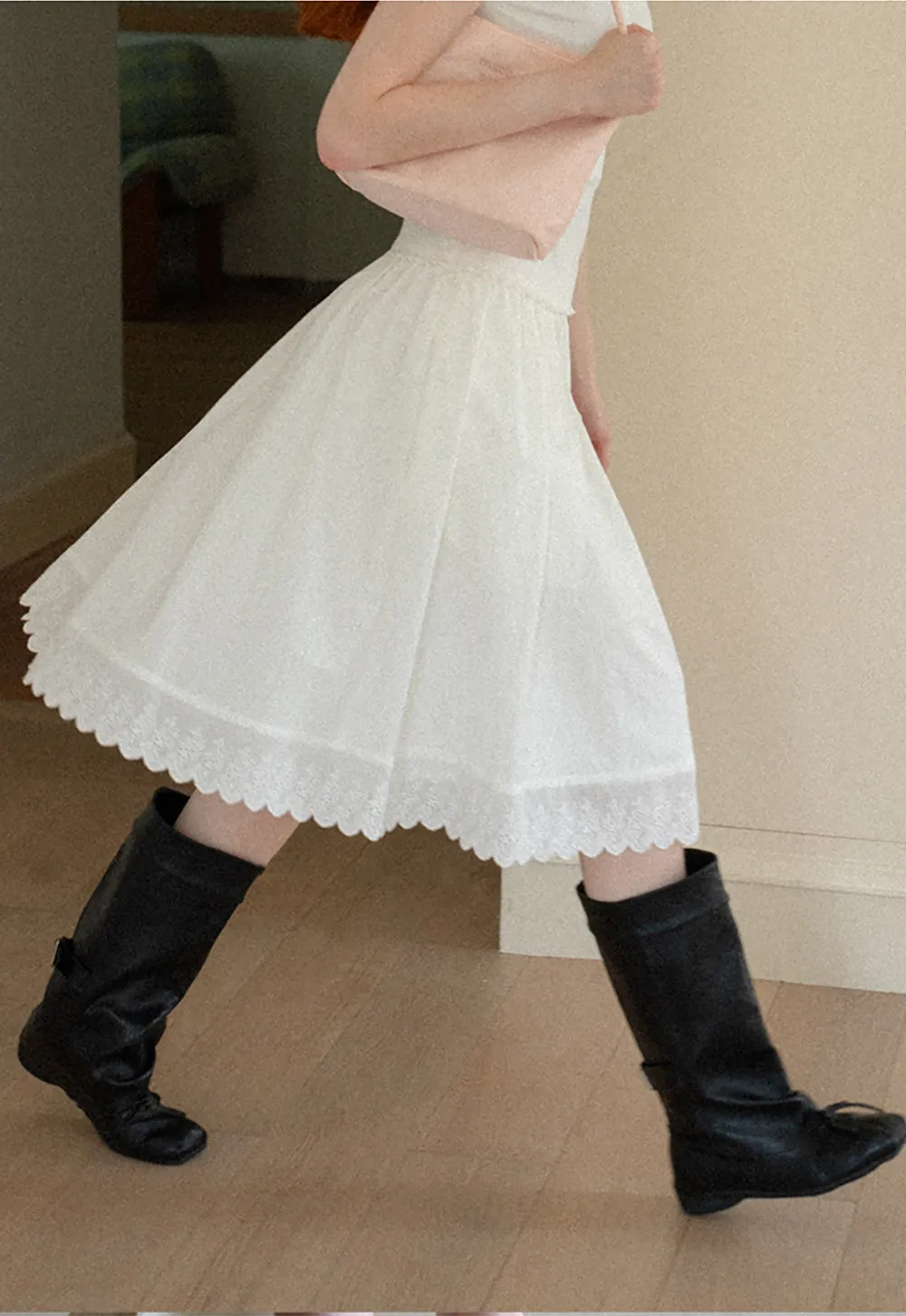 Pleated Skirt with Eyelet Lace Hem