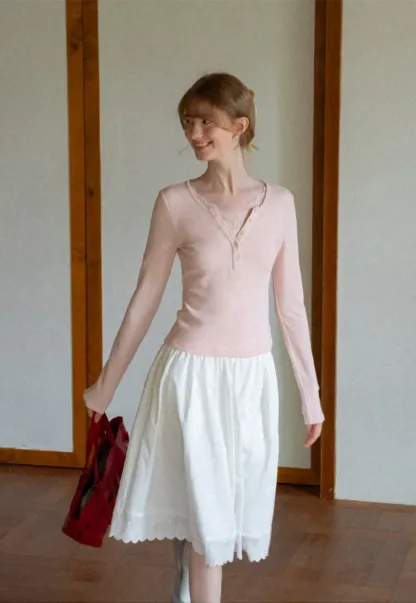 Pleated Skirt with Eyelet Lace Hem